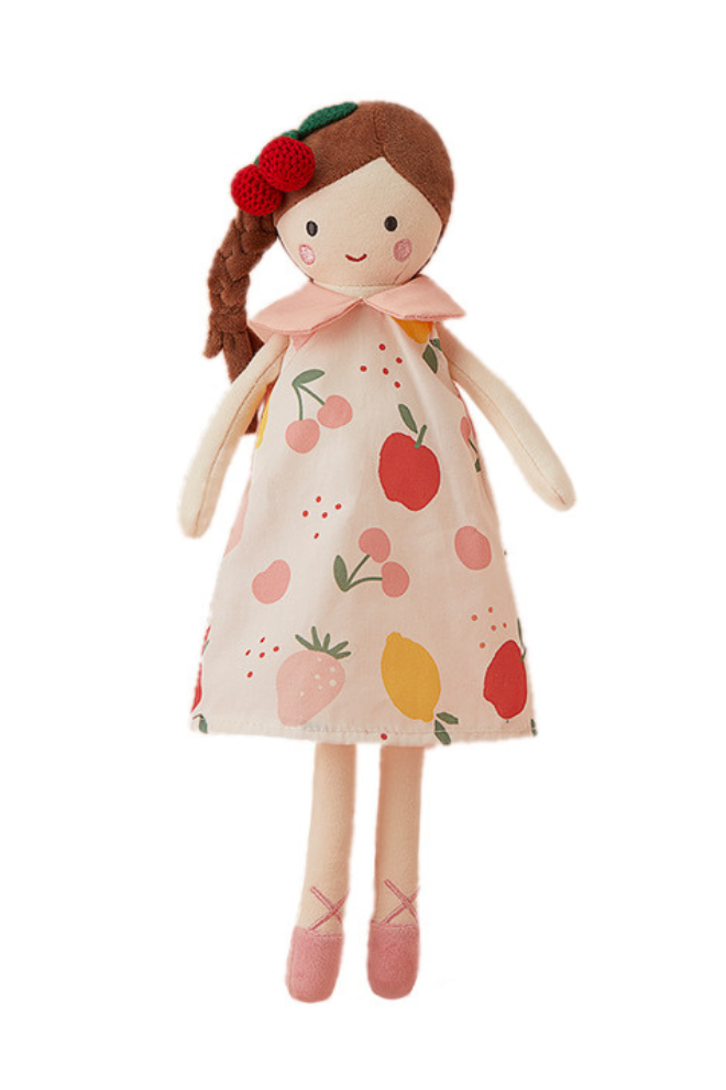 Kids Cherry Print Skirt Soft Doll for Girls – Cute & Cuddly Toy دمية ناعمة للبنات بفستان بطبعة الكرز – لعبة لطيفة وعصرية