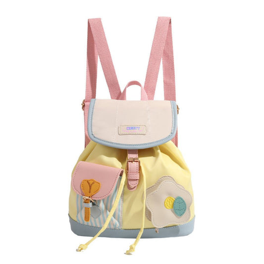 Kids Mini Backpack, Pastel Yellow with Flower Design, Drawstring and Magnetic Closure, Pink Straps