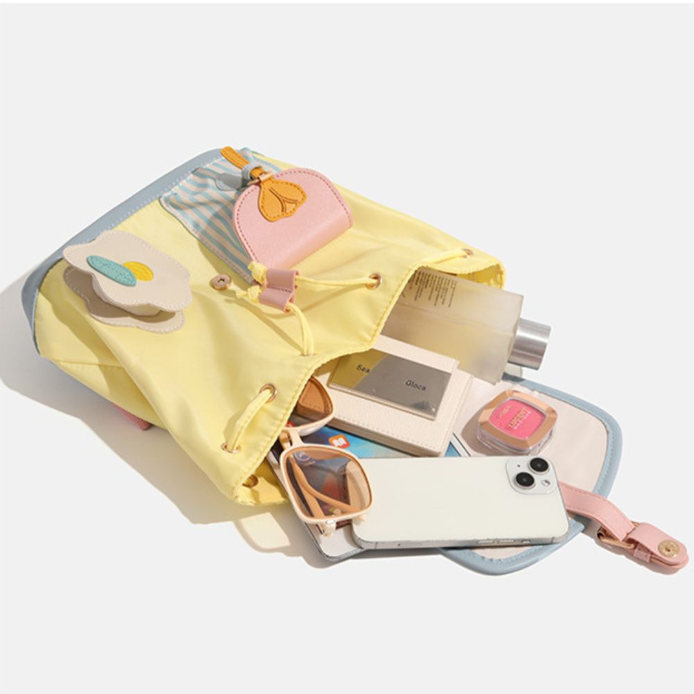 Kids Mini Backpack, Pastel Yellow with Flower Design, Drawstring and Magnetic Closure, Pink Straps