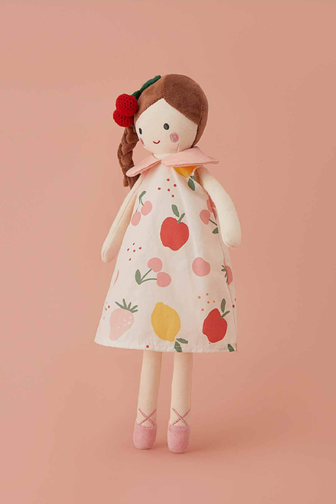 Kids Cherry Print Skirt Soft Doll for Girls – Cute & Cuddly Toy دمية ناعمة للبنات بفستان بطبعة الكرز – لعبة لطيفة وعصرية