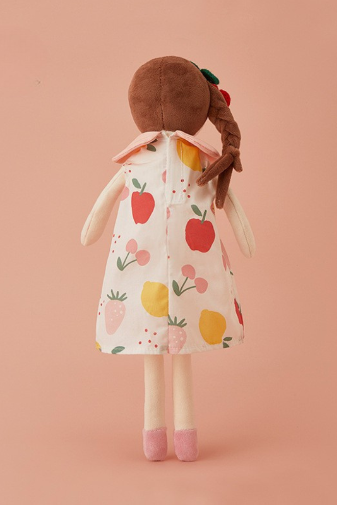 Kids Cherry Print Skirt Soft Doll for Girls – Cute & Cuddly Toy دمية ناعمة للبنات بفستان بطبعة الكرز – لعبة لطيفة وعصرية