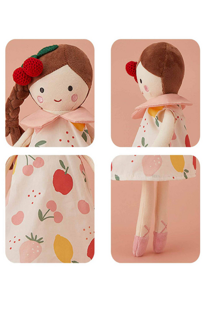 Kids Cherry Print Skirt Soft Doll for Girls – Cute & Cuddly Toy دمية ناعمة للبنات بفستان بطبعة الكرز – لعبة لطيفة وعصرية