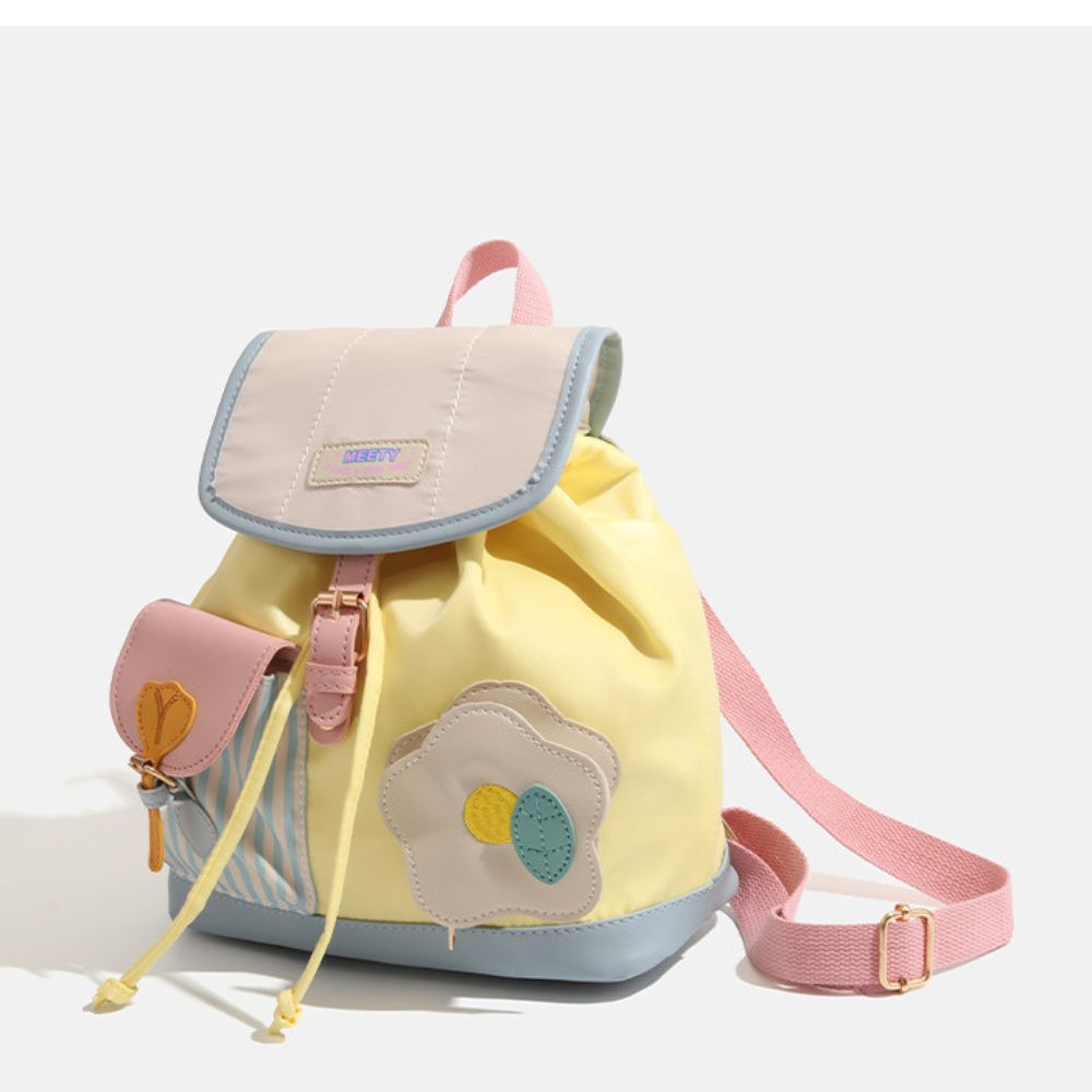 Kids Mini Backpack, Pastel Yellow with Flower Design, Drawstring and Magnetic Closure, Pink Straps